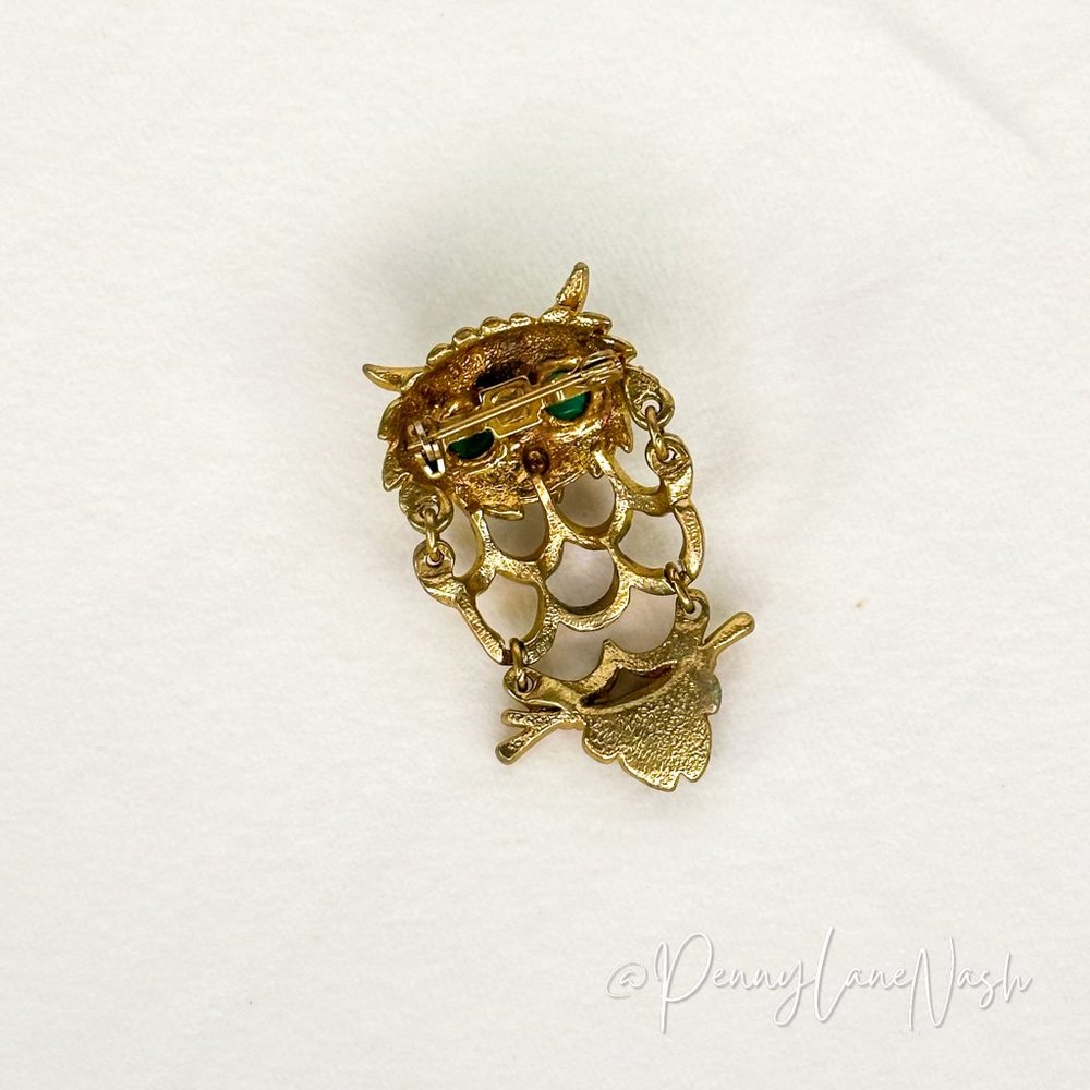 Vintage Gold Owl w/ Large Green Stone Eyes Pin Brooch - Picture 3 of 5